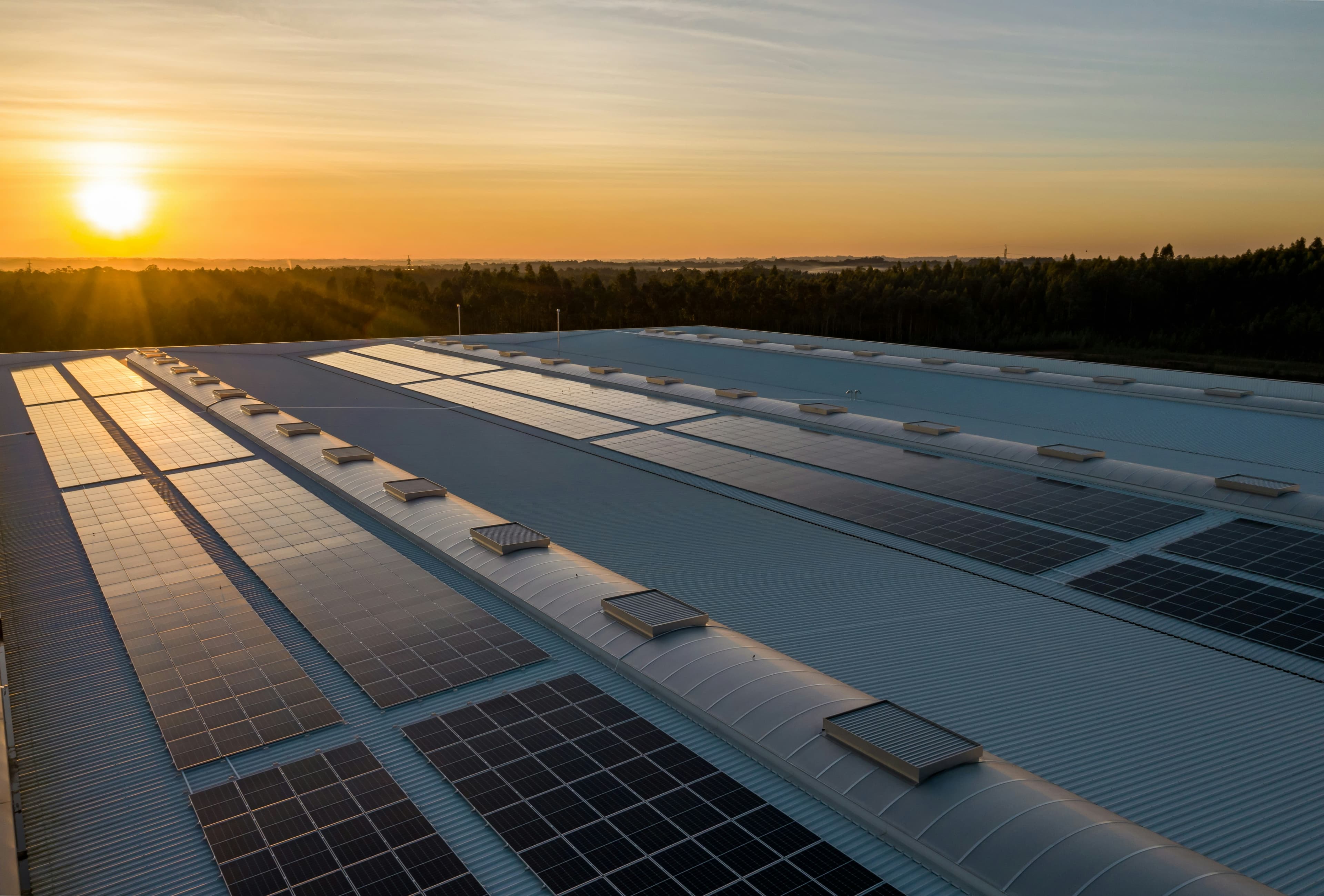 Entrepôt logistique dont la toiture est couverte de panneaux solaires, vue aérienne
