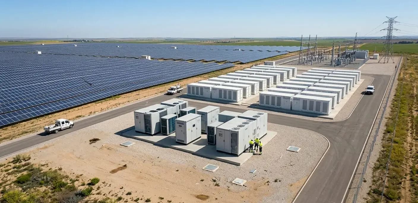 centrale solaire couplée avec batterie de stockage, vue aérienne